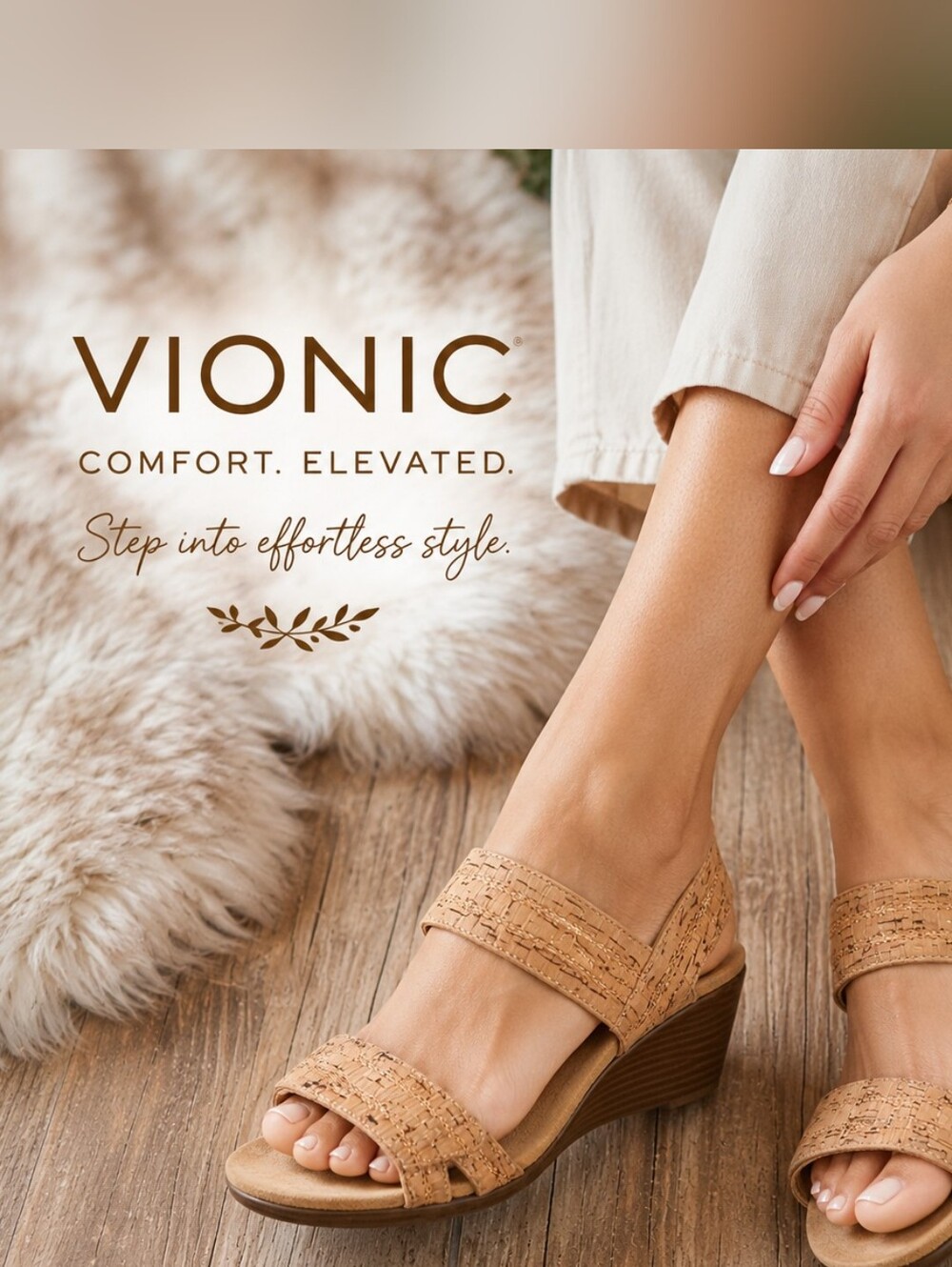 Vionic Chrissy Cork Wedge Sandals Women's Size 7 Adjustable Comfort Slides Gold